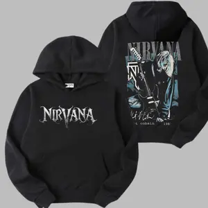 Women's Vintage 90s Nirvana Rock Band Crew Neck Sweatshirt - Spandex-Yarn & Polyester Fleece Cotton Knit Fabric, Kurt Cobain Graphic, Solid 90s Rock Aesthetic, Fitted Stretch Casual Fit, Hemmed Music Merch, Drawstring-Ready, Pocket-Equipped, Printed, Tops