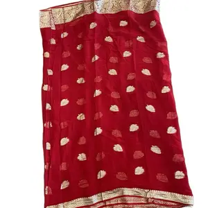 Traditional Georgette Fabric Saree Fall Picco Done in Red with Gold Leaf Patterns
