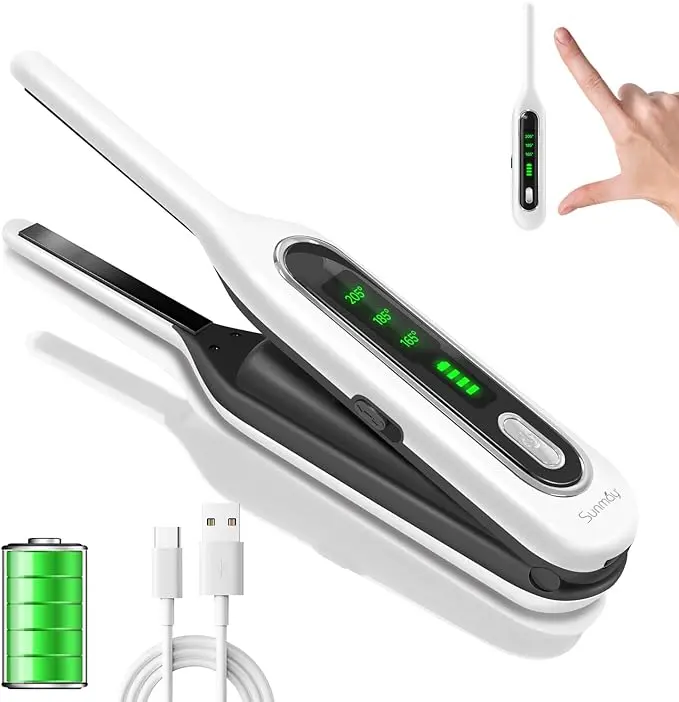 SUNMAY Mini Cordless Straightener - 0.3in Lightweight Portable Titanium Pencil Flat Iron, Adjustable Handle, USB-C Rechargeable Battery Powered, Fast Heat-Up, Frizz Control, Pouch Included, Ideal for Short Hair, Valentine's Day Gift, Hair Styling