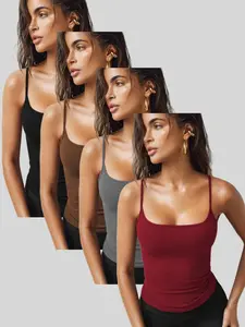 New Pure Color Sexy Halter Tank Top Set, Women's Inner Layer Basic Essential Minimalist European Style Slim Fit Short Sleeve Tops, 4 Piece Set