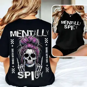 Mentally Spicy  t-shirt Sassy Skull with Purple Messy Bun and Skeleton Hands Funny Unisex  t-shirt with Handle With Care Vibes for Spicy Souls Black Long Sleeve Pullover