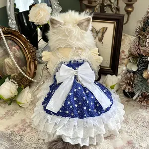 Heavenly Guardian Dog Dress Polka-Dot Starlight Gown with Cross Pendant Oversized Bow for Small Dogs Corgis Elegant Pet Princess Dress