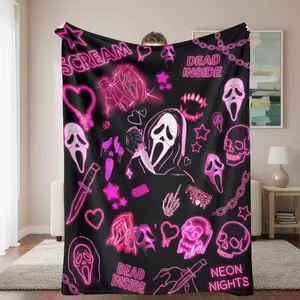 Neon Horror Flannel Blanket Ghost Face Skull Knife Heart Print Soft Cozy Warm Durable Perfect for Halloween Parties Movie Nights Bedroom Decor Spooky Lovers Gift