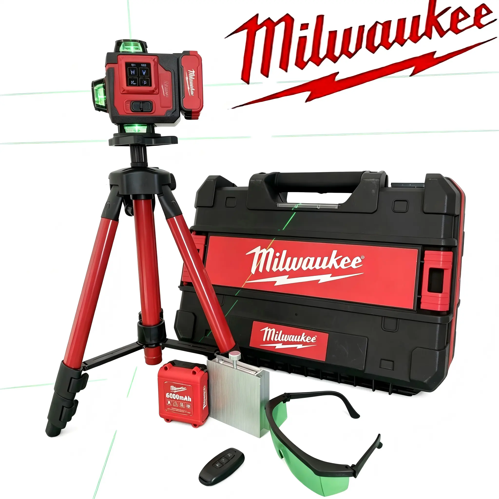 Milwaukee High Brightness 4D 16-Line Green Electronic Laser Level Tool, ±4° Self-Levelling Laser System, 6000mAh 2-Battery Kit with Hard Carrying Case for Professional Contractors & Precision Woodworking Projects