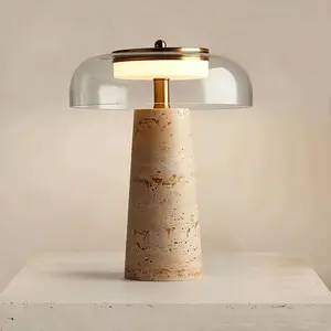 Travertine Lamp, Natural Stone Table Lamps with Glass Shade, 12W Mushroom Sculpture Bedside Nightstand Light Decor for Bedroom Living Room Office Console Side Entryway Counter Gifts (Clear Glass+Travertine)