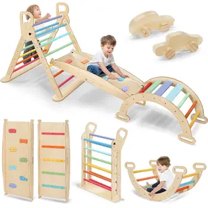 Pikler Triangle Set 10-in-1 Foldable Baby Climbing Toys Wooden Montessori Climbing Set with Arch Ramp Ladder Perfect Xams Gift for 1-3 Years Old Toddlers