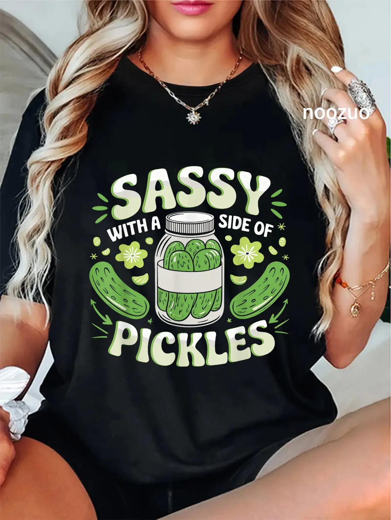 100% Cotton Unisex Sassy with a Side of Pickles Trendy Pickle T-Shirt Casual Top
