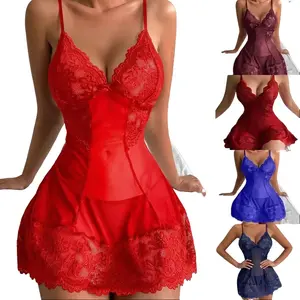 Women's 2 Piece Floral Lace Lingerie Set Night Dress Sleewear,Ruffle Hem Sheer Babydoll Chemise Nightgown Comfort Springtok