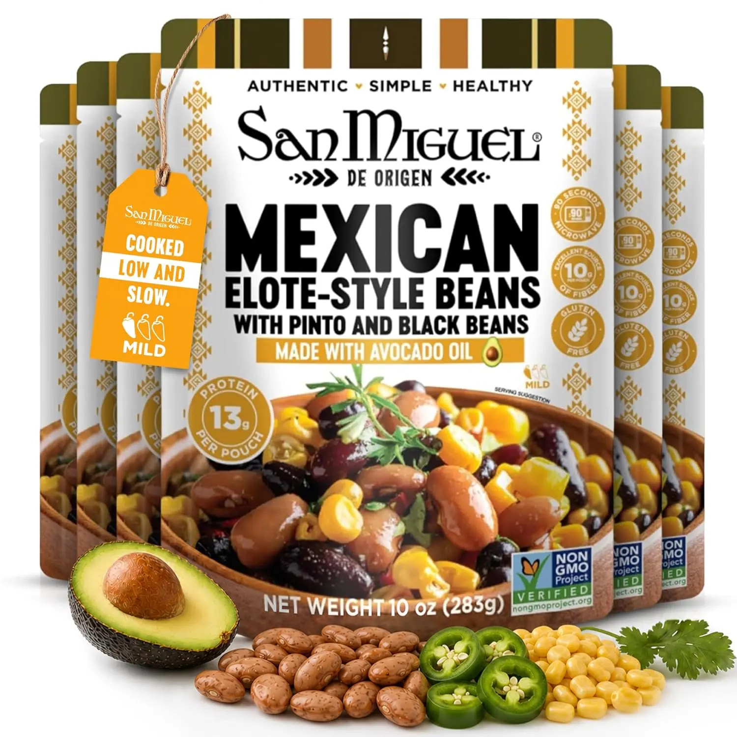 San Miguel de Origen Mexican Elote Style Pinto & Black Beans - 13g High Protein Plant-Based Good Foods, Ready-to-Eat Microwavable Pantry Food with Avocado Oil, Non-GMO (6-Pack, 10 oz) for Adults