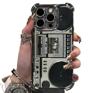 Vintage Retro Cassette & Boombox Print Protective Smartphone Casing for iPhone 15-17 Pro Max, Electroplated Corner Shockproof Durable Handheld Devices Protection Tech Accessory with Easy Installation