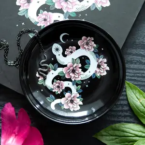 Nature Theme Snake Flower Trinket Dish - Round Charger Plate, Painted Rose Decorated Plate, Kitchen Tableware, Jewelry Holder, Painted Plates