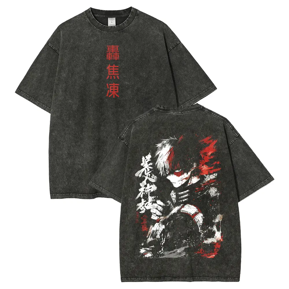 Todoroki Shouto My Hero Academia Anime Double Printed Vintage Washed Tee, Unisex Oversize Anime Manga Washed Heavyweight Cotton T-shirt, Gift For Anime Fan Lover
