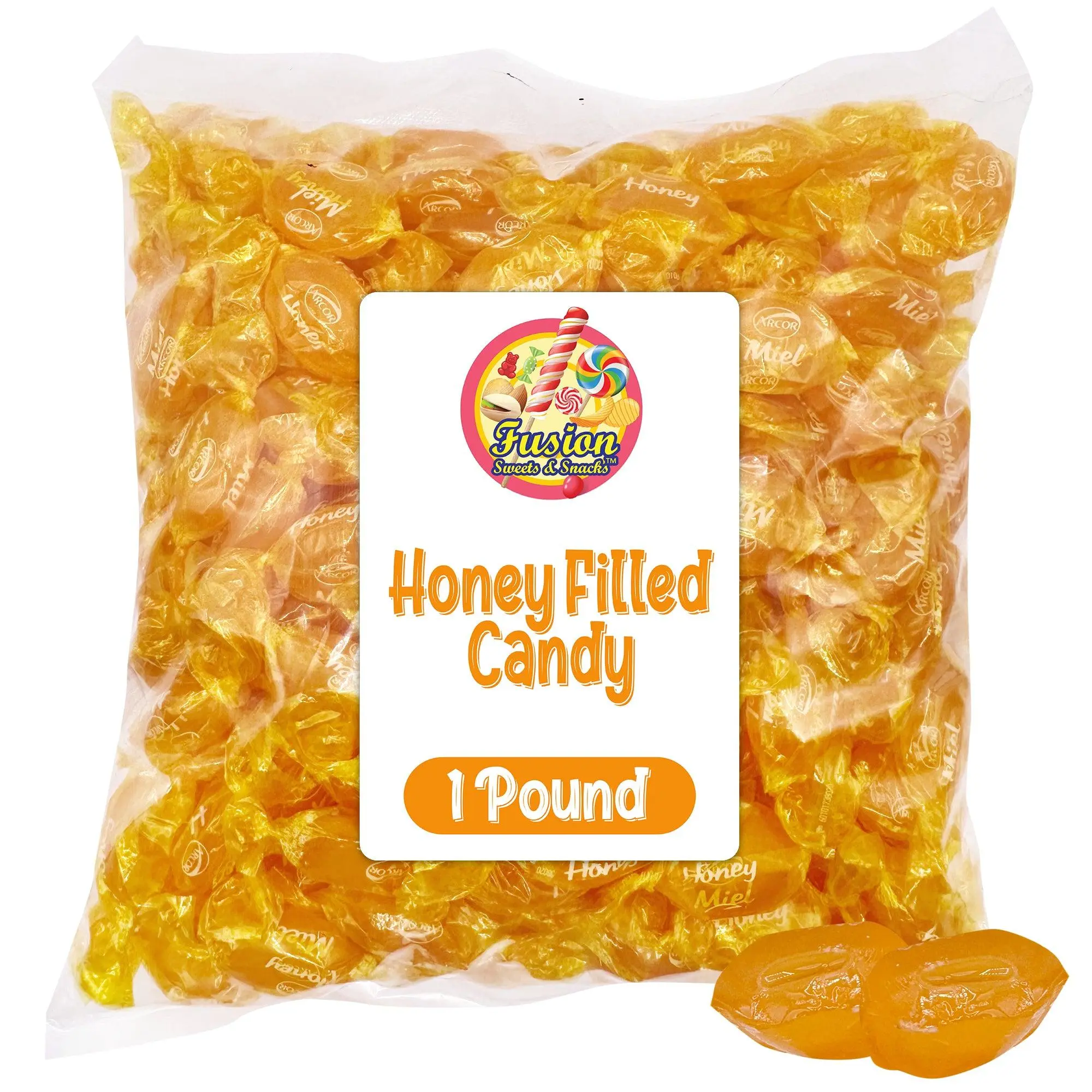 Honey Filled Hard Candies - 1 lb Bulk Candy Pack, Individually Wrapped, Soft Honey Center, Dairy Free Everyday & Party Snacks