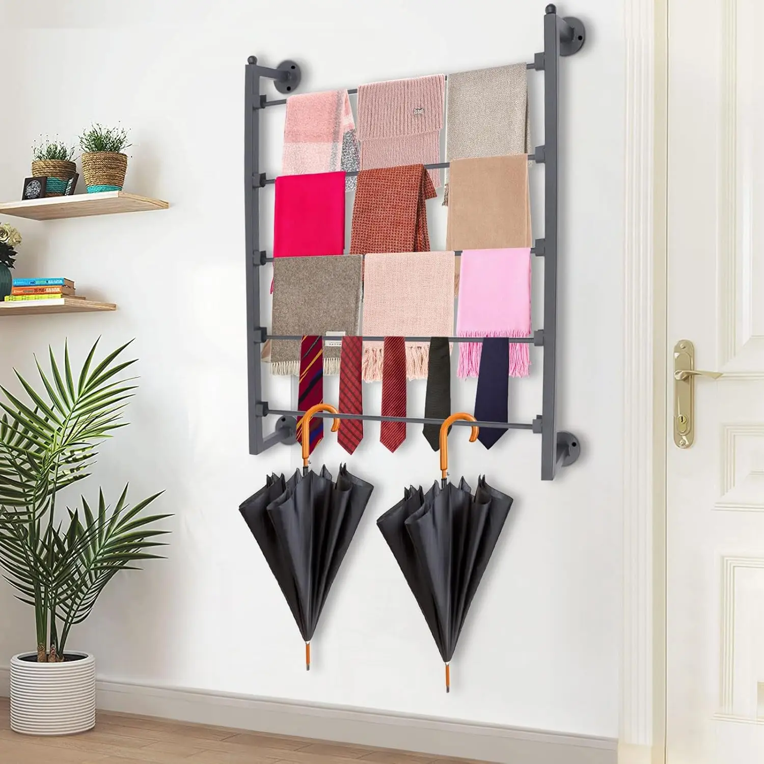 5 Tiers Display Tie & Scarf Rack, Wall Mounted Ribbon Rack Organizer Holder for Wrapping Paper Scarf Tie Belt Towel Pants, Scarves Hijab Stand for Retail Store,Home,Craft Room,Florist, Bedroom Hanging Black