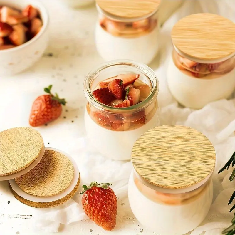 4pcs Reusable Bamboo Lids with Silicone Sealing Rings and Yogurt Bottle Label, Airtight Lids, Yogurt Jar Lids, Reusable Can Covers, Suitable for Yogurt Jars, Coffee Bean Jars, Spice Jars, Cookie Jars, Kitchen Supplies