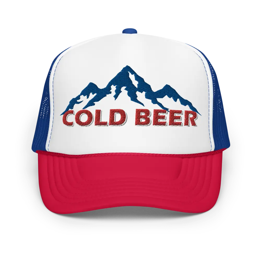 Cold Beer Blue Mountains Drinking Trucker Hat | Vintage Style Cool Brew Logo Gift Cap for Friends | Banquet Party Drunk Alcohol Hat