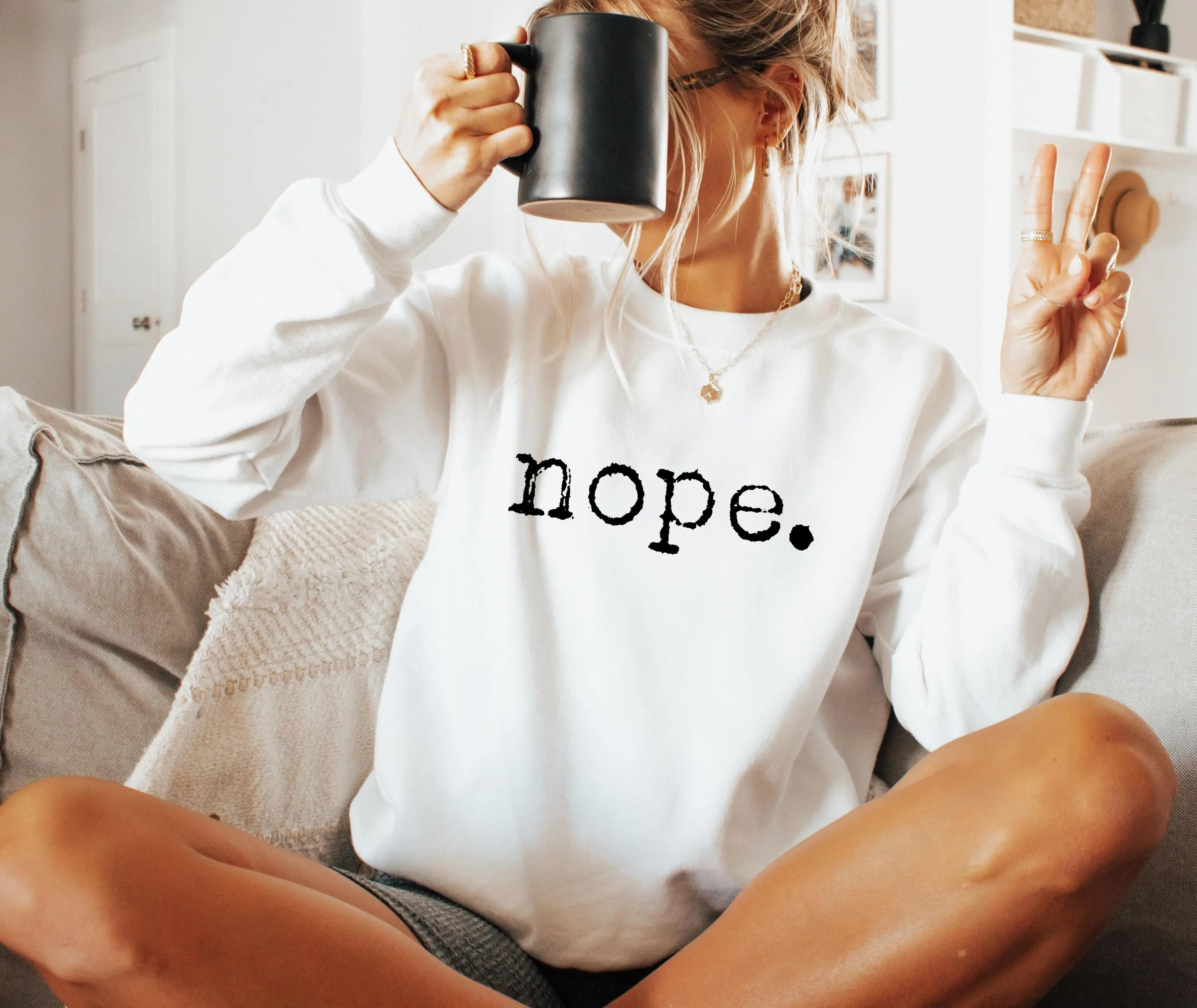 Nope Crewneck Sweatshirts For Women, Cozy Sweatshirt Graphic Top For Her