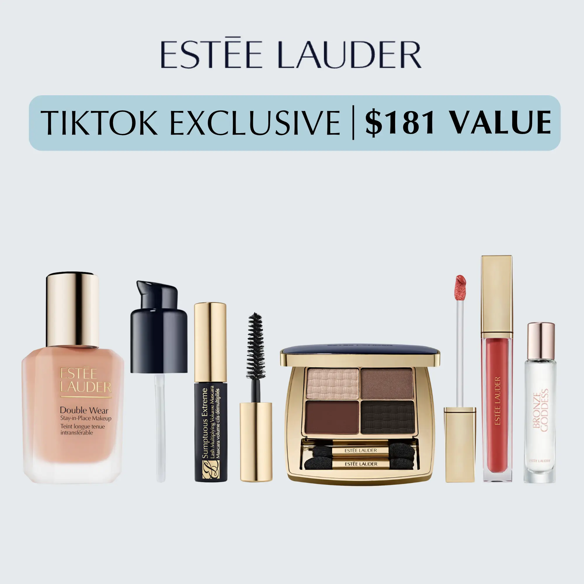 [Estée Lauder] Date Night Flawless Finish Makeup Bundle | Double Wear | Essential Eyeshadow | Glossy Lip Oil | Extreme Mascara | Bronze Goddess Eau de Parfum