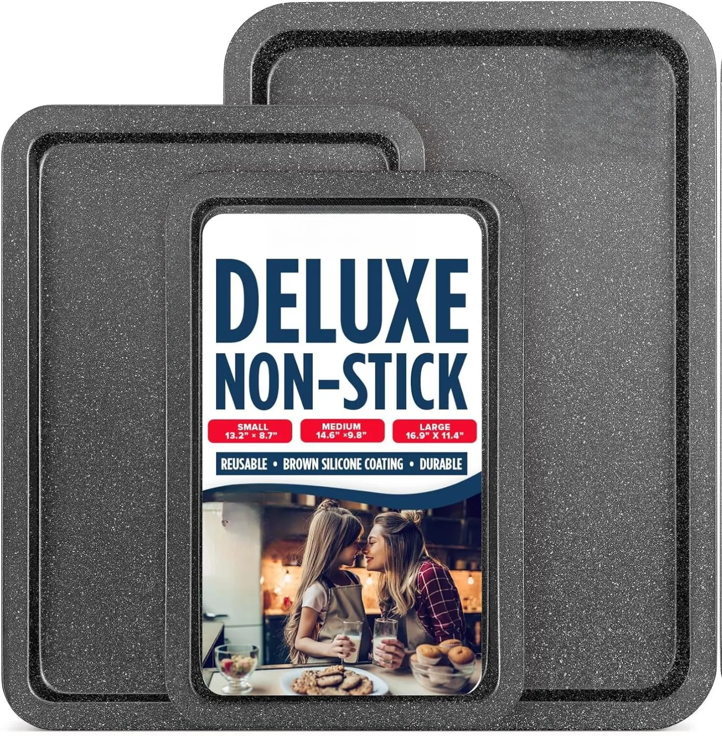 Gray Marble Carbon Steel 3-Piece Nonstick Rectangle Baking Pans Set - Durable Kitchen Bakeware, Oven-Safe Up To 450°F, Even Heat Distribution, Stackable Storage Organization, PFOA/PFOS/PTFE-Free (Small, Medium, Large Sizes) [New Deal]