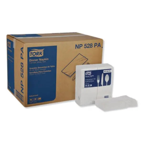 Tork TRKNP528PA Advanced Eco-Friendly BPI Certified Paper Napkins - 2-Ply, 1-8 Fold, 8.5" Folded Depth, 15x17 in, White, Embossed Face, Recycled Paper, Elegant, 100 Per Pack, 28-Pack Poly-Wrapped Boxed Bag, for Casual Dining, Restaurants