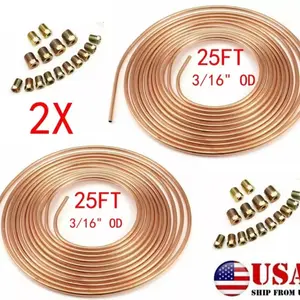 2PC Copper Nickel Brake Line Tubing Kit 3/16 OD 25 Foot Coil Roll w/ 32 Fitting