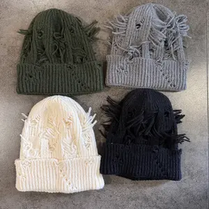 Unisex Distressed Knitting Beanie Hat - Winter Warm, Frayed Edges, Openwork Design, Casual Streetwear Hip-Hop Style, Grey/Olive Green Multi-Color, Autumn/Winter Cold Weather Accessory, Durable Knit Fabric