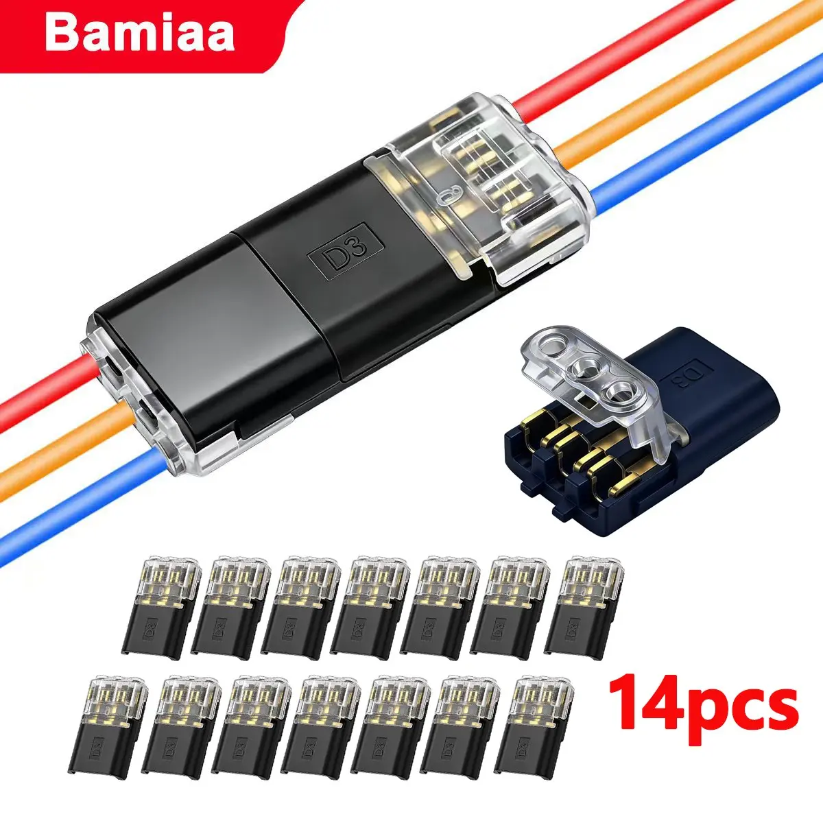 14-Pack 3-Channel 3pin Compact Quick Connect Terminals, No Stripping Wire Connector, D2 Model, Efficient Wiring Solution, Universal Connector, Terminal Connectors