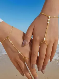 Gold Hand Chain Bracelets for Women, 2 Pcs Gold Plated Cubic Zirconia Link Chain Bracelet Set ring bracelet hand chain Jewelry for Her, Stainless Steel Bracelets
