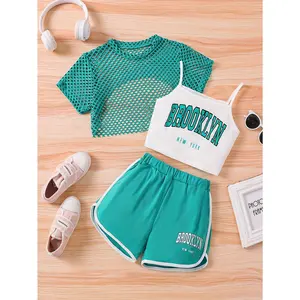 [3pcs Sporty Girl Set] 3pcs Sporty Girl Camisole + Cover-up Mesh Top + Shorts Set |       Outdoor Perfect Outdoor
