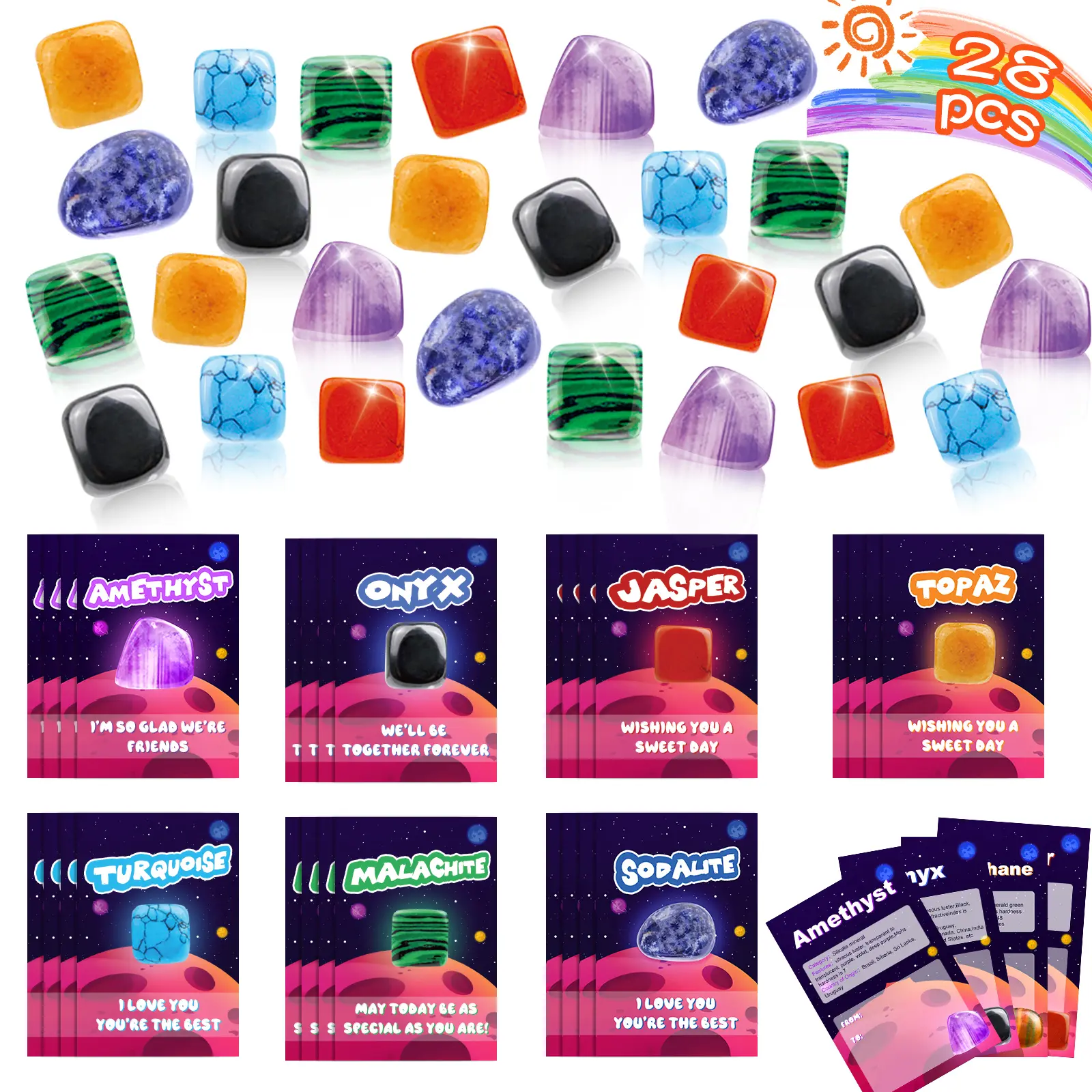 Valentines Day Gifts for Kids, 28 Pack Valentines Cards with Rocks Bulk, Ore Minerals Rocks Collection Kit, Valentine Exchange Card for Girls Boys School Class Classroom Party Favors