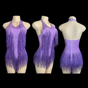 Sparkly Rhinestones Fringe Bodysuit WomenVightclub Party Dance Costume Stage Wear SexyTassel Leotard Performance Clothing 7G Womenswear Tops Rose Style Spandex Sky Girl Fabric Light Summer