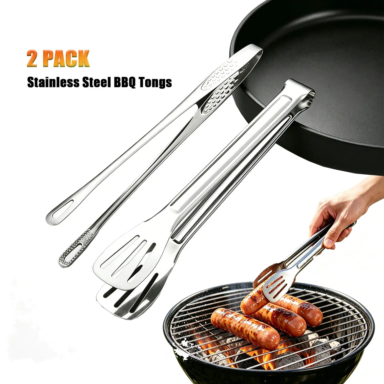 2-Piece Stainless Steel Tongs Set, 11-Inch and 11.2-Inch Pointed & Slotted Grill Tongs with Textured Handles - Mirror Polish Finish for Korean BBQ & Cooking, Korean Barbecue, Rust Resistant, Cookout Ready campingessentials, Pointed Tips, Two Sizes