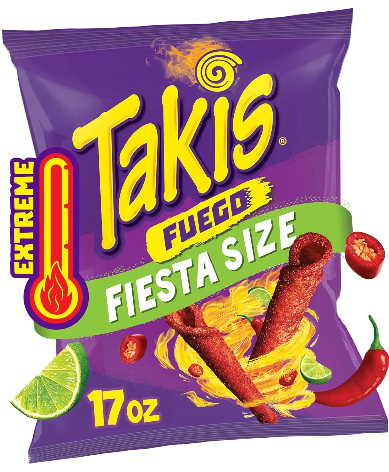 Takis Fuego 17 oz Fiesta Size Hot Chili Pepper & Lime Flavored Extreme Spicy Rolled Corn Tortilla Chips