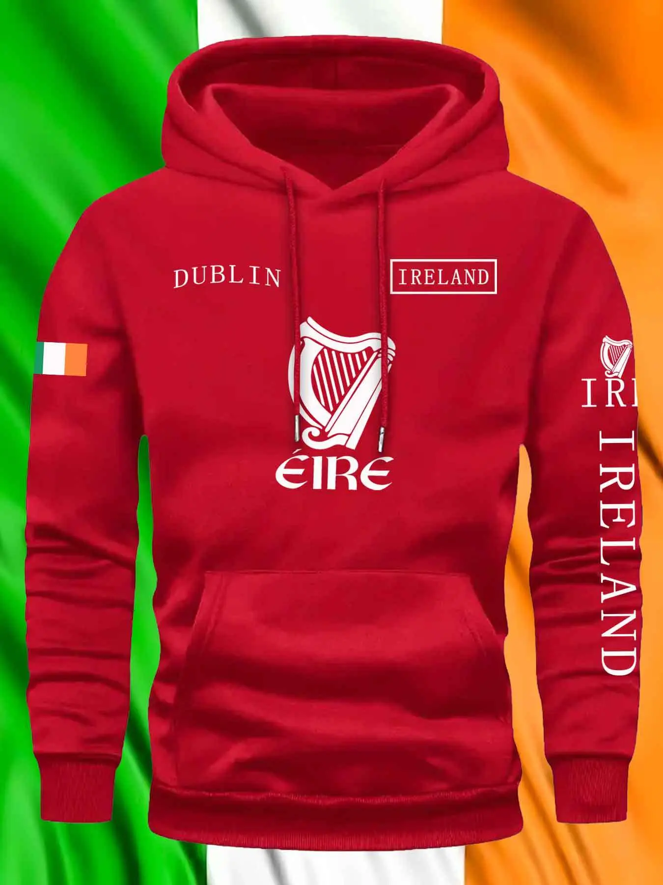Men's Irish Style Long Sleeve Hoodie, Dublin & Ireland Geometric Print Thick Sweatshirt, St Patrick's Day Pullover, Sporty Outdoor Casual Wear