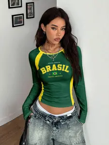 AESS Women's Green Yellow Brazil Flag Contrast Long Sleeve T-Shirt,Numeric & Letter Print Retro Sporty Top,Autumn Streetwear,Everyday Y2K Vintage Style