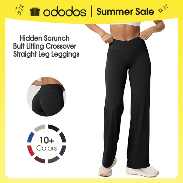 ODODOS Hidden Scrunch Butt Lifting Crossover Straight Leg Leggings for Women - No Front Seam High Waist Yoga Pants, 31", Womens Fitness, Activewear Vibes, 4-Way Stretch Women's Sports Leggings
