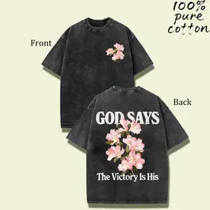 100% Cotton GOD SAYS Floral Letter Vintage Loose Washed T-shirt Spring Sales TikTok Shop Deals Men's Wear Flash Sales Summer Outfits