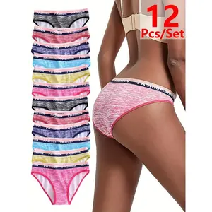 12pcs Comfy Women's Briefs with Letter Print Waistband - Breathable, Seamless, Solid Color Triangle Panties in Assorted