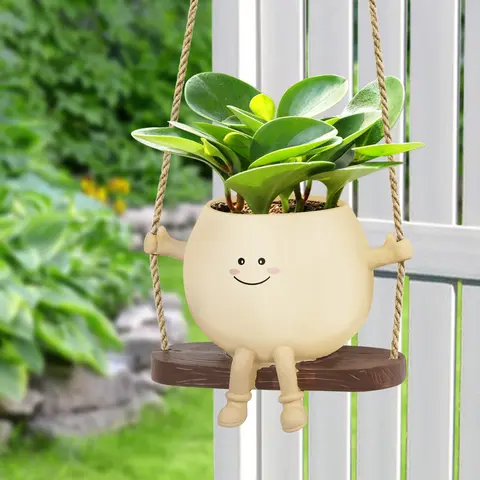 Cute Smiley Face Hanging Resin Plant Pot - High-Quality, Drainage Holes, Summer Sale, Indoor-Outdoor Camp Kitchen Decoration, Fathersdaygift for Plant Lovers