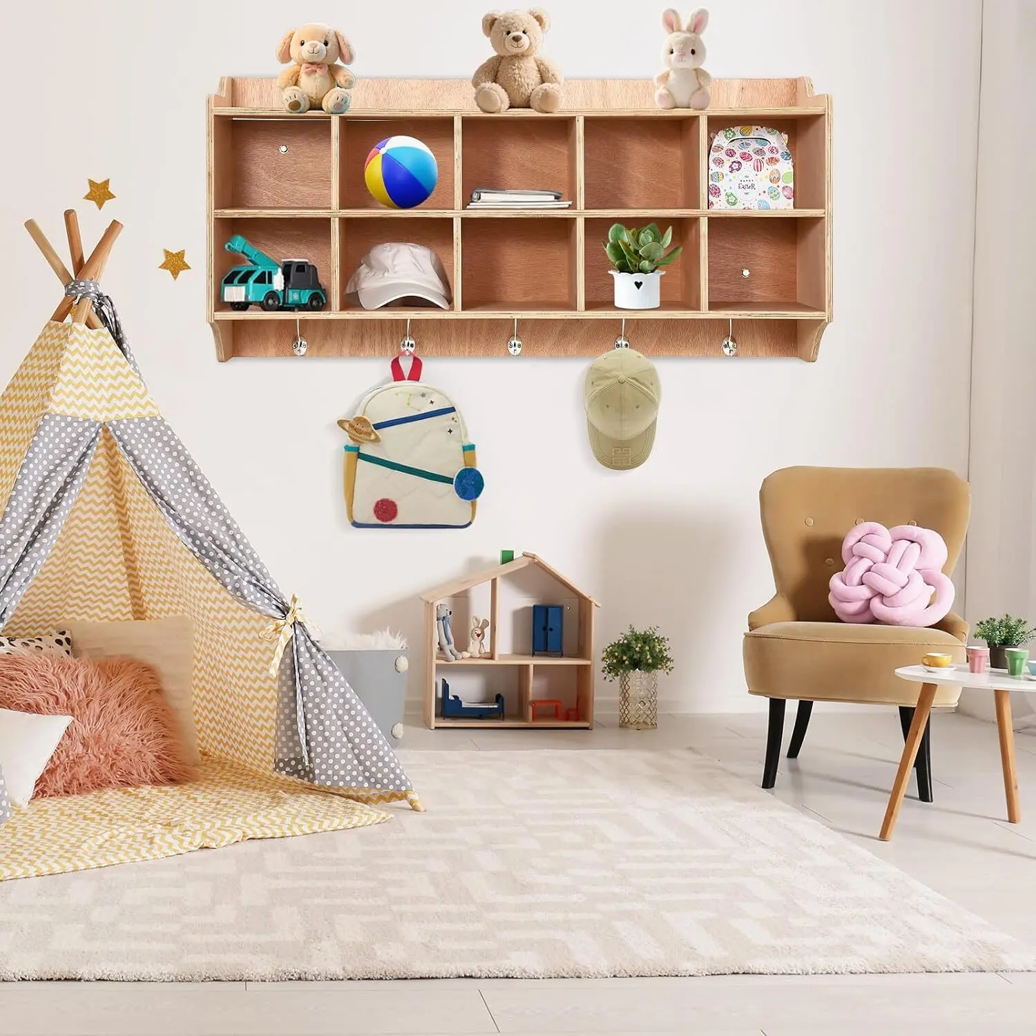 Natural Wood Birch Wall Organizer Shelf - 10-Cubby 47in Wide Double Stack Storage Unit with Shoe Layer, Cubbies + Hooks, Durable Child Safety Features, Greenguard Gold Certified for Kids' Rooms, Classroom Use, Bookshelf, Kid Room