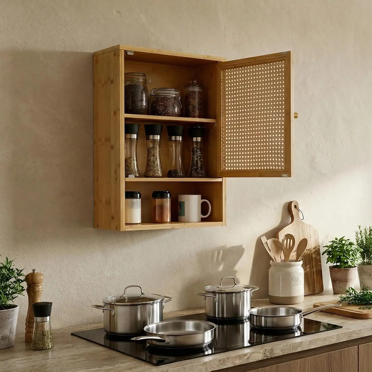 Garvee Space-Saving Bamboo Bathroom Wall Cabinet with Rattan Doors – Adjustable Shelf – Wall Mounted Medicine Cabinet – Over Toilet Storage Organizer – Natural Wood Color