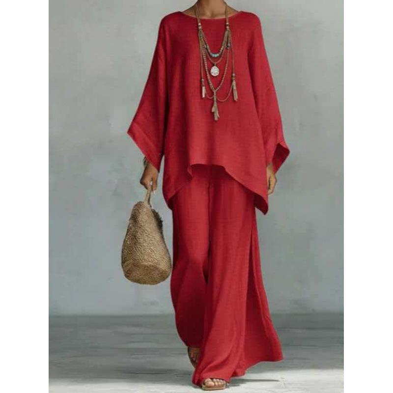 Women's Minimalist 2-Piece Set, Linen-Blend Loose Button-Down Shirt and Wide-Leg Pants Casual Outfit, Women's Clothes, Two Piece Set