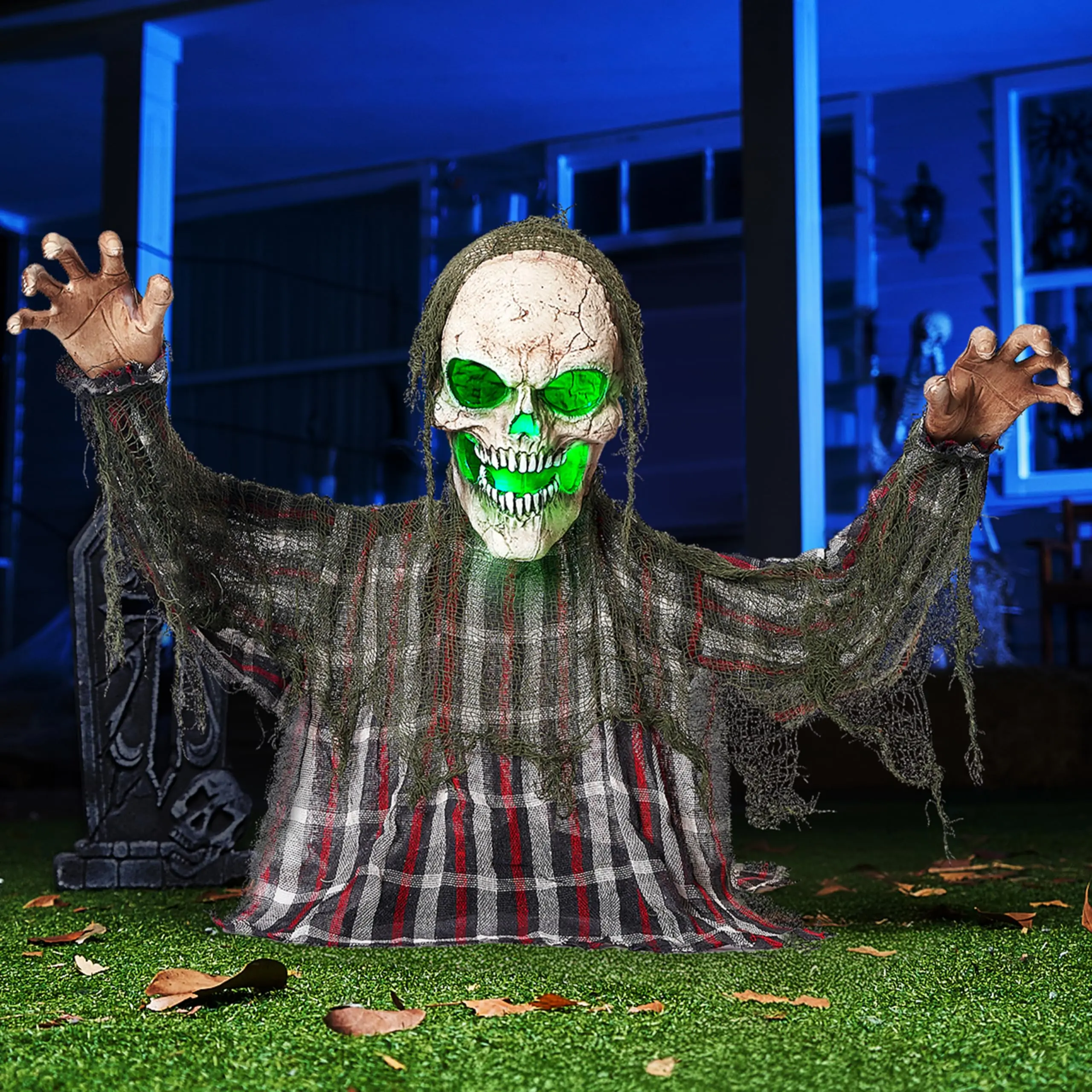 25.6 in Spooky Halloween Interactive Animated Skeleton Groundbreaker - Single Unit, Moving Arms, Green LED Lights, Sound-Activated Motion, Outdoor Home Festive Lawn Haunted House Decor