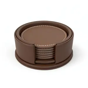 6-Piece Premium Leather Tableware Coaster Set - Double-Stitch, Waterproof, Heat-Resistant, Classic Design, Durable, with Storage Caddy, Ideal for Table Top, Home Bar Kitchenware Drinkware, Co