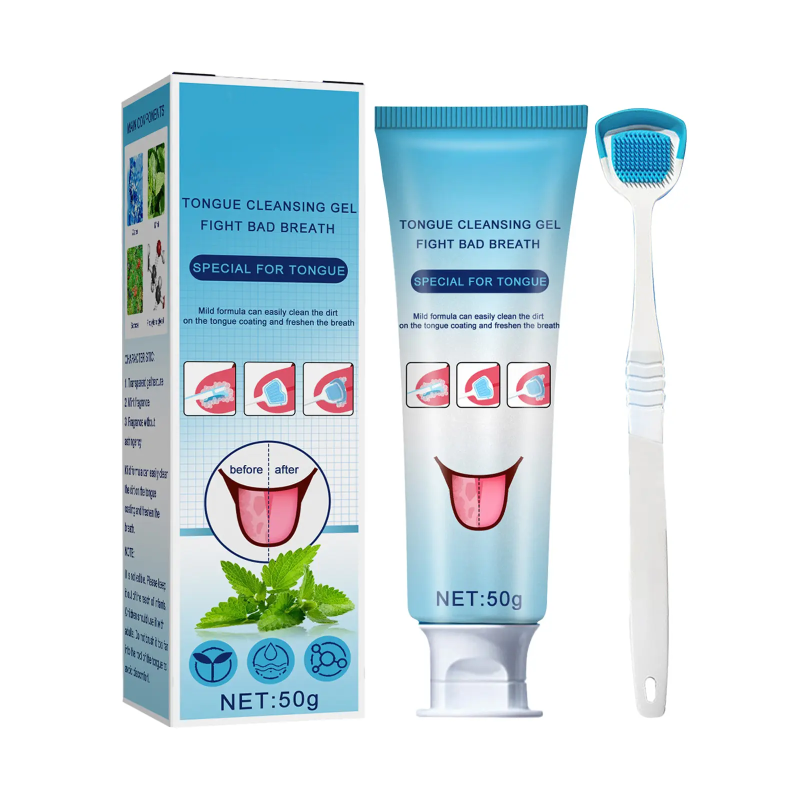 Tongue Cleaning Gel & Tongue Brush, For Cleaner Mouth Reduce Bad Breath, Mint & Sorbose Formula, Gentle  Easy 3-Step Oral Care Tool, Tongue Clener