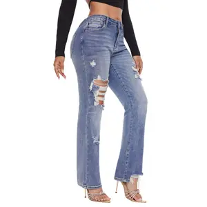 BlueMoment Womenswear Mid Rise Distressed Straight Leg Jeans Saturday Morning JB82431MDMED BLUE