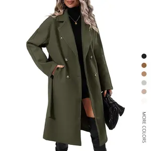 Danedvi Women Elegant Wool Pea Coat Lapel Collar Double Breasted Mid-Long Winter Overcoats with Belted Pockets