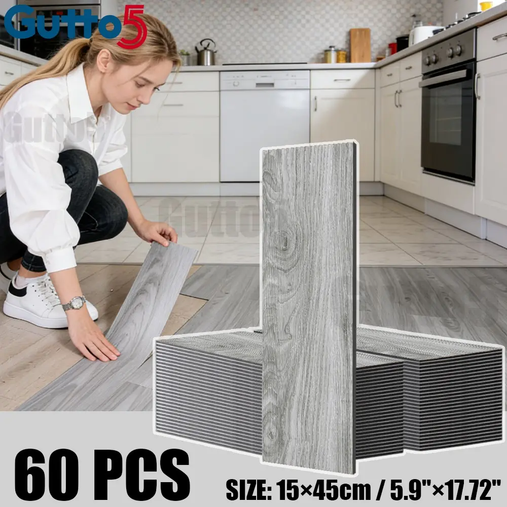 60pcs Thick Luxury Vintage Wood Grain Floor Stickers, Self-Adhesive PVC Vinyl, Easy Install DIY Removable, Renovation for Living Room Bedroom Hallway, Durable Pvc Material