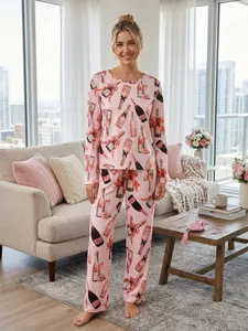 Women's Bowknot Wine Bottle All-Over Printed Sleepwear Set, Comfortable Loose-Fit Long Pants & Easy Wear Long Sleeve Top, Elegant Home Loungewear Pajama