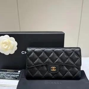 Pre-owned CHANEL Leather Small Leather Goods Caviar Quilted Large Flap Wallet Black 93267539